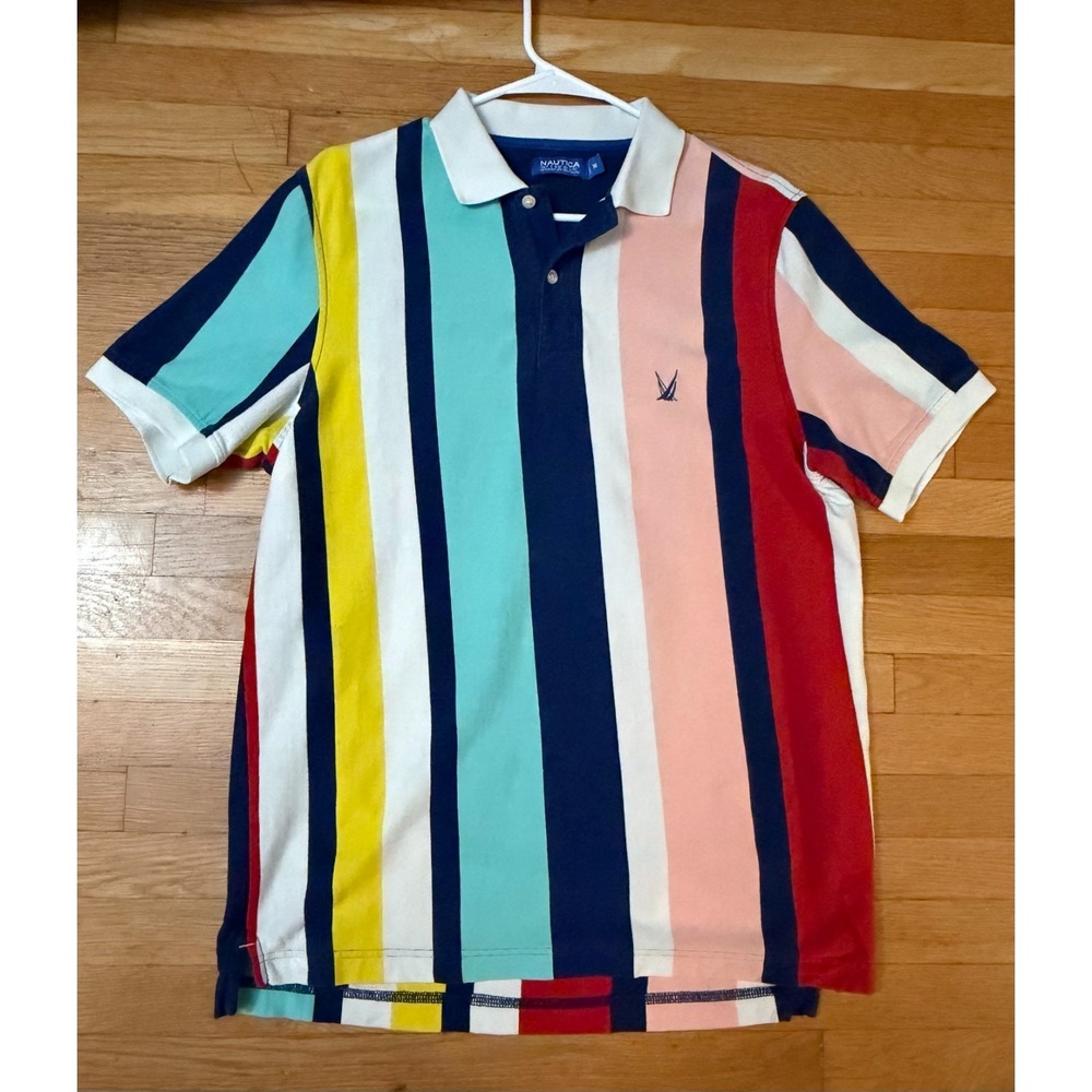 Nautica Polo Shirt Mens Medium Multicolor Vertical Stripe 100% Cotton‎ Blue Sail